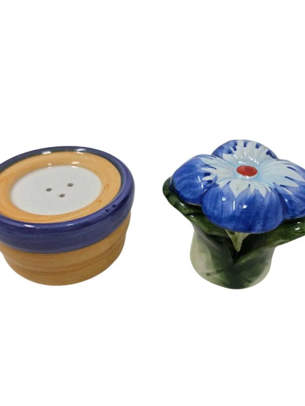Vtg 90s Blue Flower in Pot Stacking Ceramic Salt and Pepper Shakers Floral Bloom